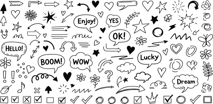 Cute line sketch star, arrow, cloud decoration element icon set. Hand drawn sketch doodle cute star, heart, flower element. 