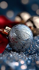 Poster - Glittering silver Christmas ornament ball with frost effect on sparkling surface, red ribbon accent against dark blue bokeh background for holiday decor.