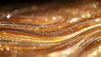 Poster - Luxurious golden waves with sparkling glitter effect and bokeh lights on dark background create elegant flowing abstract design for festive backgrounds.