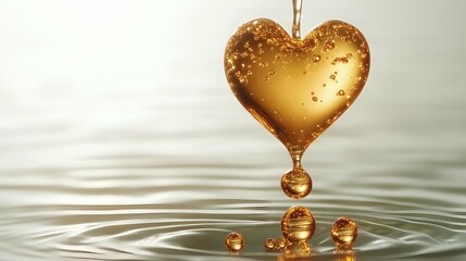 Poster - Golden heart-shaped pendant dripping liquid gold creating concentric ripples on reflective surface. Romantic luxury concept with metallic droplets and water circles.