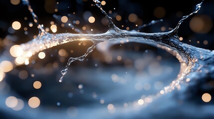 Poster - Artistic water splash frozen in motion with golden bokeh lights creating magical atmosphere against dark blue background. Dynamic liquid photography.