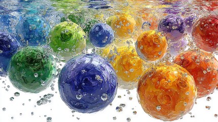 Wall Mural - a kaleidoscope of colored spheres bobbing in a tranquil aquatic environment, dotted by iridescent wa