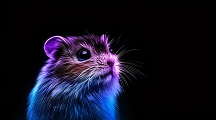 Poster - Glowing neon hamster portrait with vibrant purple and blue fur gradient against black background, artistic digital illustration with luminous effect.