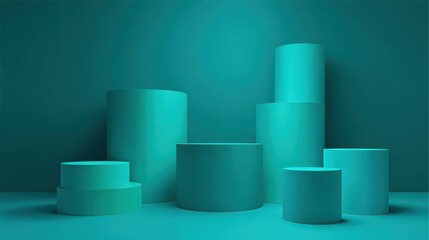 Poster - Minimal teal-green background with cylindrical podiums in varying heights and soft lighting