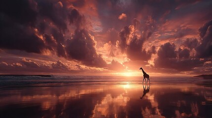 Wall Mural - a giraffe standing on a sandy beach, with the sun setting behind a cloudy sky and the ocean in the b