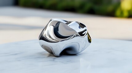 Poster - Futuristic chrome metallic sculpture with fluid organic curves and reflective surface creates dynamic abstract art piece on light background.