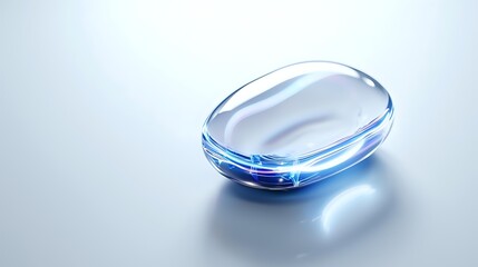 Poster - Transparent blue glass pebble or gem with soft curves and reflective surface on light background, creating elegant minimalist composition with gentle shadows.