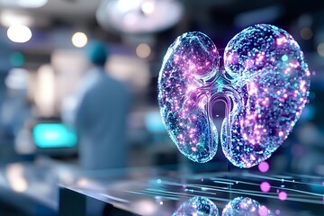 Poster - Glowing purple and blue butterfly-shaped hologram with sparkles floating above reflective surface in futuristic laboratory environment, science concept background.