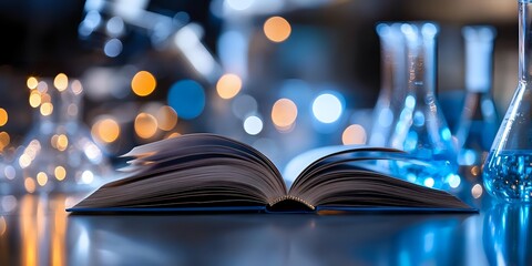 Poster - Open book with blurred laboratory glassware and blue bokeh lights in background, creating magical academic atmosphere for education and research concepts.