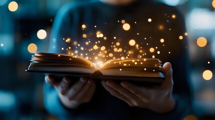 Poster - Magical glowing open book with sparkling golden light and bokeh effects emerging from pages held in hands against dark background. For fantasy and education concepts.