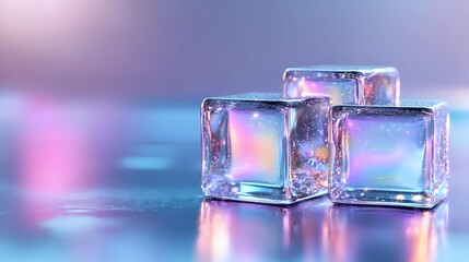 Poster - Glowing ice cubes with vibrant pink and blue neon reflections on wet surface against blurred background create modern minimalist composition with light effects.