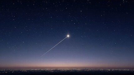 Wall Mural -   A bright star illuminates the night sky over a cityscape, casting a distant glow on a nearby star
