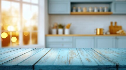 Poster - blue Empty wooden table with the bright white interior minimal of the kitchen as a blurred background behind the bokeh golden sunshine