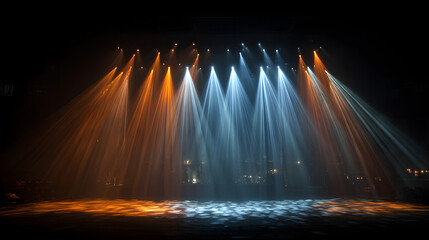Poster - Stage lights. Beams of light from the spotlights on the stage. Light display. Laser show isolated on a black background with projector illumination.