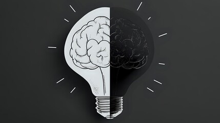 Poster - Creative light bulb with brain inside on dark background, combining innovation and intelligence concepts in minimalist black and white design style.