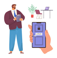 Poster - Man holding clipboard near table with plant and laptop, hand holding smartphone showing locked door interface. Ideal for security, smart tech, remote work, business, apps, tech innovation, simple