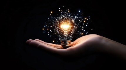 Poster - Glowing light bulb floating above open palm with magical sparkles and particles emanating from bright center, symbolizing innovation and creative ideas.