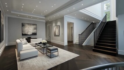 Poster - Explore a chic living area with modern furnishings, sleek lines, and an elegant staircase bathed in soft light