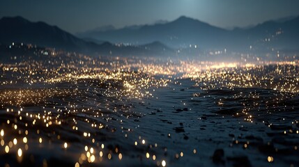 Wall Mural - blurry photo of city skyline at night, featuring illuminated water and mountain range in background