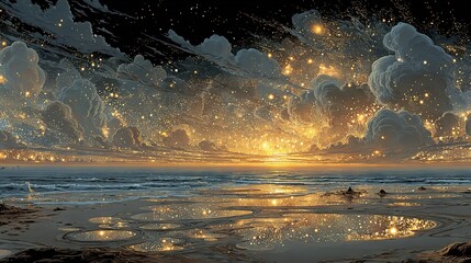 Wall Mural - a painting depicts people in a boat on water, under a star-studded sky with cloudy backdrop