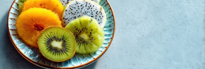 Poster - Sliced Tropical Fruits Arranged on a Ceramic Plate With an Empty Space, Showcasing Vibrant Colors and Textures