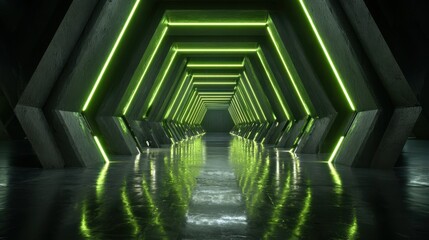Poster - A neon green futuristic corridor with glowing lights and symmetrical geometry.