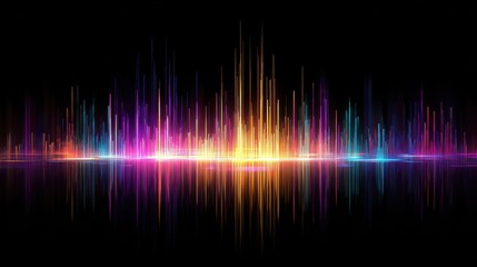 Poster - Colorful sound waves on black background. Abstract digital audio visualization. Music equalizer concept. Vibrant neon lines for technology or music design