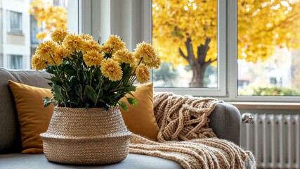 Poster - Bright yellow flowers enhance the cozy atmosphere of the living room, reflecting the beauty of autumn through the window