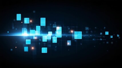 Abstract technology background with glowing blue squares and digital data