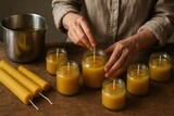 Hands creating handmade candles using natural wax, showcasing a cozy and artisanal candle making process on a wooden table