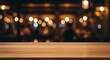 © NN AI - Empty wooden table with blurred restaurant background and warm string lights. Rustic dining surface with bokeh lighting. Restaurant furniture, dining tables, hospitality services, event planning sale