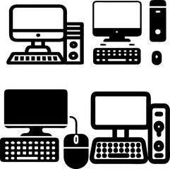 Fototapete - Vector icon set of desktop computer setup with screen, CPU, keyboard, and mouse in flat style.


