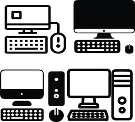Fototapete - Computer hardware icon set in flat design: monitor, CPU, keyboard, and mouse for digital projects.


