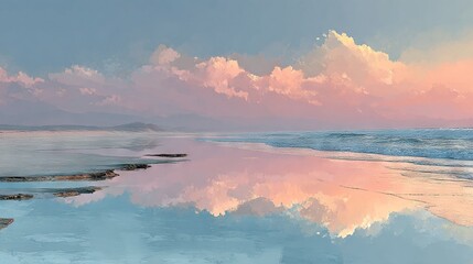 Wall Mural - a vibrant depiction of a rosy sky mirroring in a tranquil expanse of water, with an enchanting coast