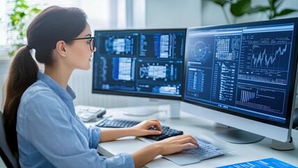 Poster - A skilled worker analyzes data on multiple screens, showcasing focus and expertise in the workplace