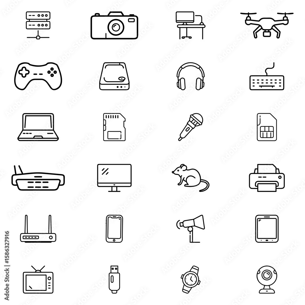 Collection of various electronic devices and gadgets in outline style ...
