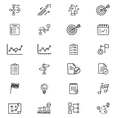 Poster - Collection of business strategy and planning icons including charts and goal oriented symbols set in lines