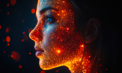 Poster - Profile of woman face with glowing digital circuits and illuminated technology elements against dark background representing artificial intelligence and futuristic innovation