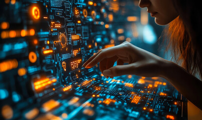 Poster - Person interacting with futuristic digital interface displaying glowing orange and blue data for technology and innovation concept