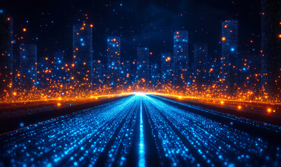 Poster - Digital futuristic cityscape with glowing data streams and blue orange light particles representing smart technology and connected networks in cyberspace environment