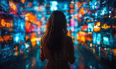 Poster - Back view of woman exploring immersive digital data screens with colorful futuristic interface in dark room technology environment