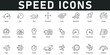 © Clerk - Speed icons vector illustration with thin line editable stroke contains fast, slow, movement, speeding, gauge, speedometer, measure, rapid, accelerate, flash, quick, express, run, velocity, indicator