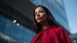 © Oleksandr - Woman in red cape looks up against a backdrop of a modern, glass-fronted building, bathed in sunlight. An expression of hope or aspiration is visible.