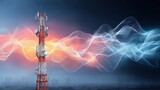 Red-lit telecommunication tower streaming glowing digital waves in a blue atmosphere, symbolizing wireless communication, data flow, and modern connectivity, Generative AI