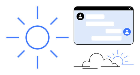 Poster - Radiant sun, chat window with user icons and messages, outlined sunrise over clouds. Ideal for communication, positivity, connection, growth, innovation, productivity and simple landing page