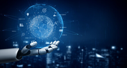 Poster - AI connecting global business network, processing data exchange, analyzing economic trends, and supporting digital infrastructure through intelligent worldwide systems. Vouch