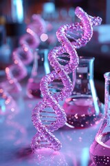 Wall Mural - 3d visualization of dna strand in futuristic laboratory setting with bright colors