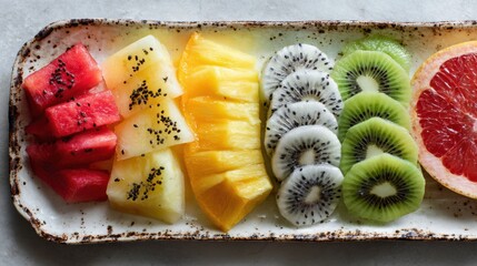 Poster - Colorful Display of Sliced Tropical Fruits Arranged on a Ceramic Plate With an Empty Space for Presentation