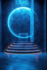 Poster - Futuristic blue circular podium with neon lighting in a dark ambient setting