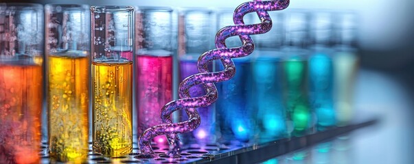Wall Mural - vivid dna double helix amidst colorful laboratory test tubes